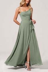 Eukalyptus Chiffon A Linie Langes Brautjungfernkleid mit Schlitz